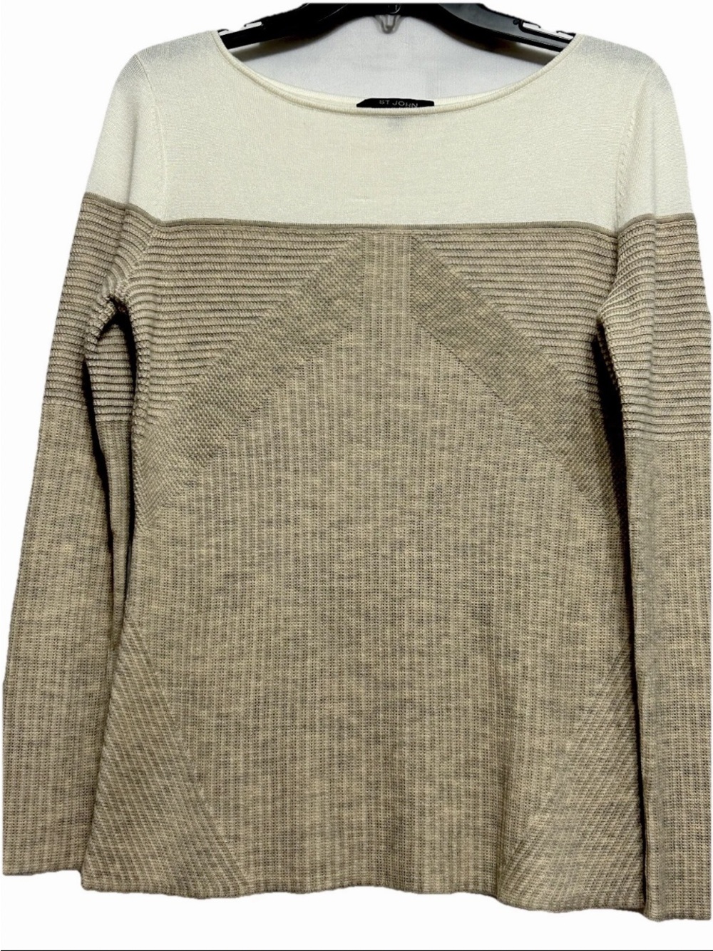 St. John Two-Tone Cream and Taupe Knit Scoop Neck Sweater